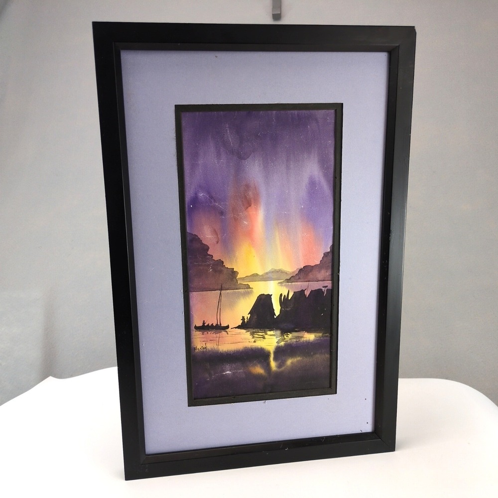 Signed Hector Original Watercolor Tropical Water Sunset Boat Framed 18x12"